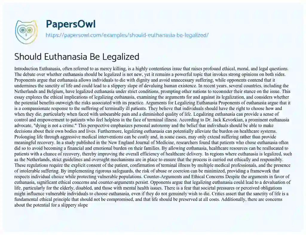 Essay on Should Euthanasia Be Legalized
