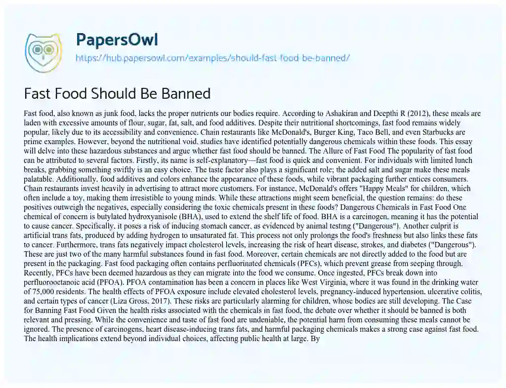 Essay on Fast Food Should Be Banned
