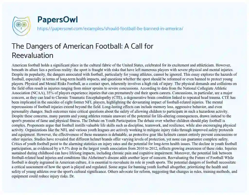 Essay on The Dangers of American Football: A Call for Reevaluation
