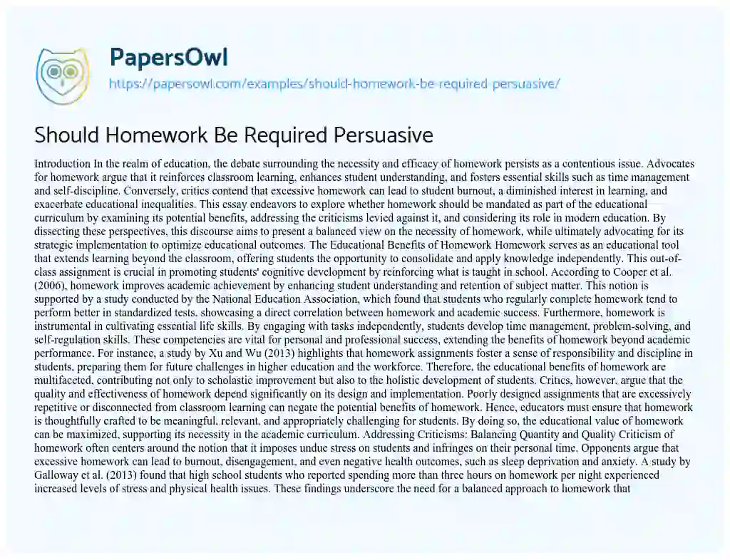 Essay on Should Homework Be Required Persuasive