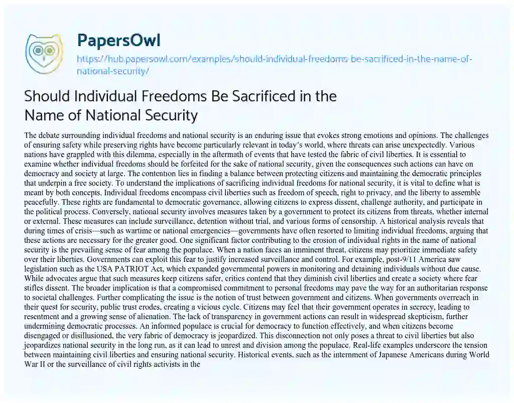 Essay on Should Individual Freedoms Be Sacrificed in the Name of National Security