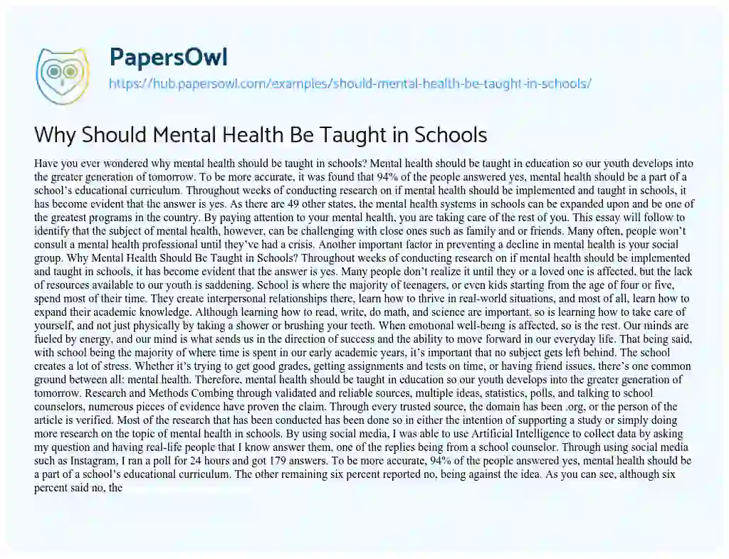 Essay on Why Should Mental Health Be Taught in Schools