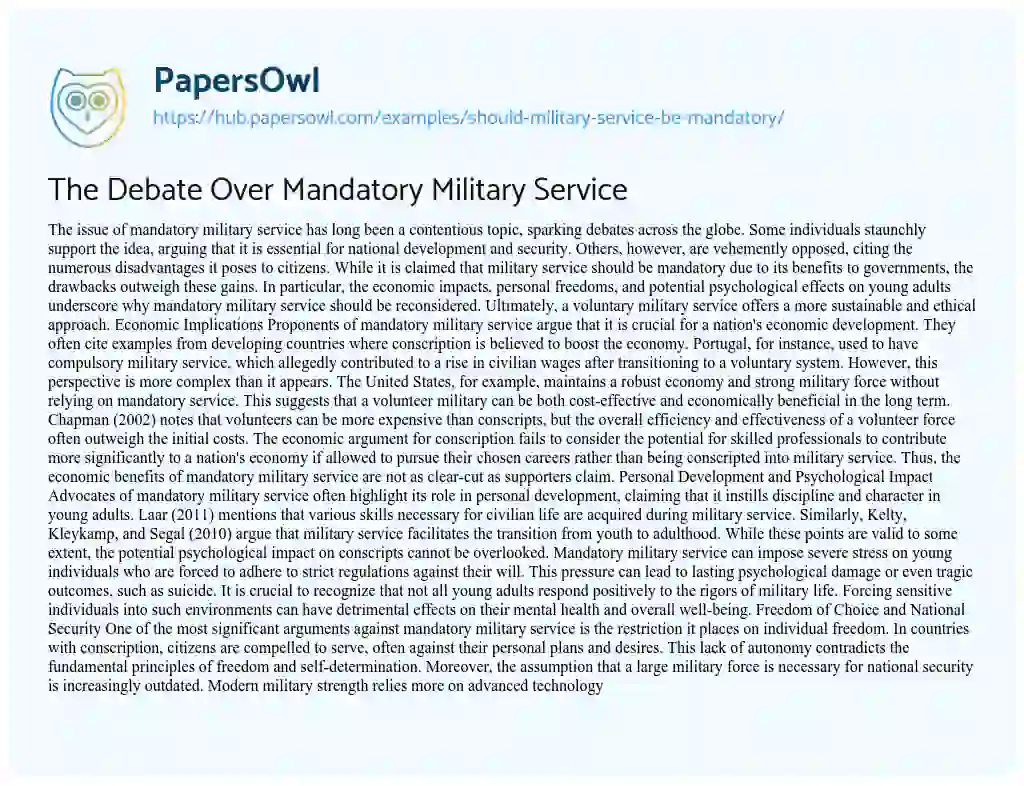 Essay on The Debate Over Mandatory Military Service
