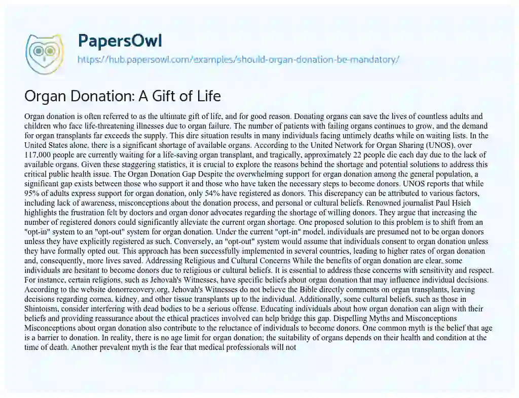 Essay on Organ Donation: A Gift of Life
