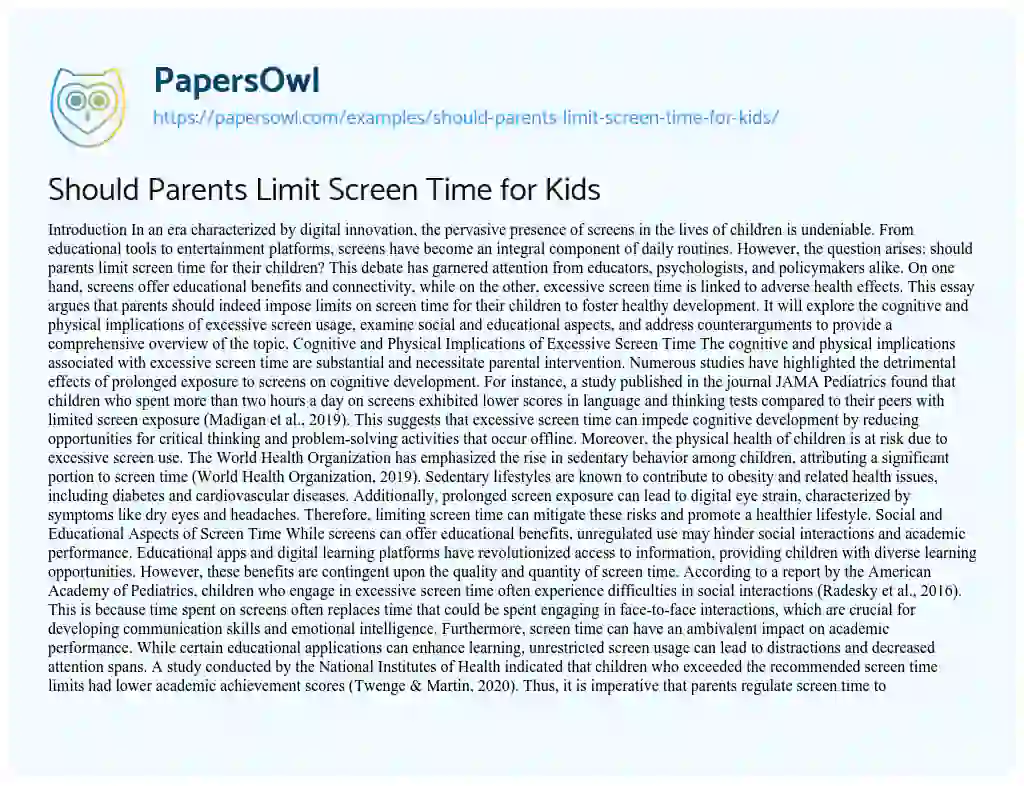 Essay on Should Parents Limit Screen Time for Kids