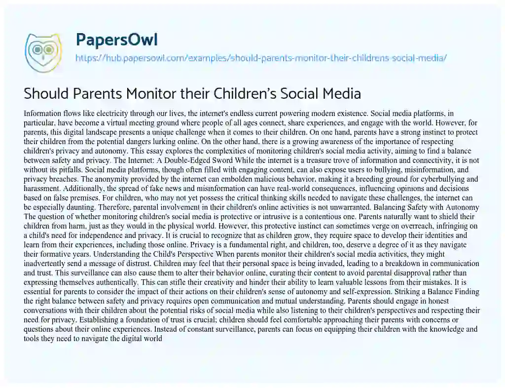 Essay on Should Parents Monitor their Children’s Social Media