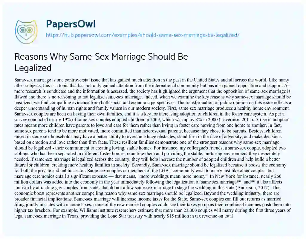 Essay on Reasons Why Same-Sex Marriage Should Be Legalized
