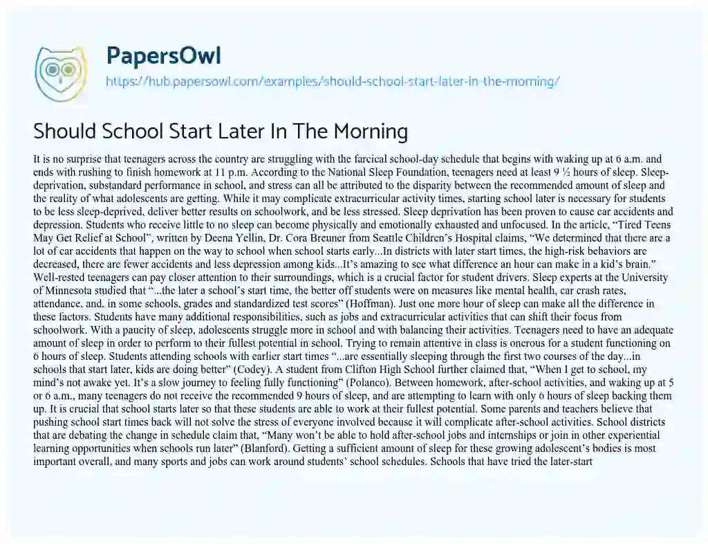 Essay on Should School Start Later In The Morning