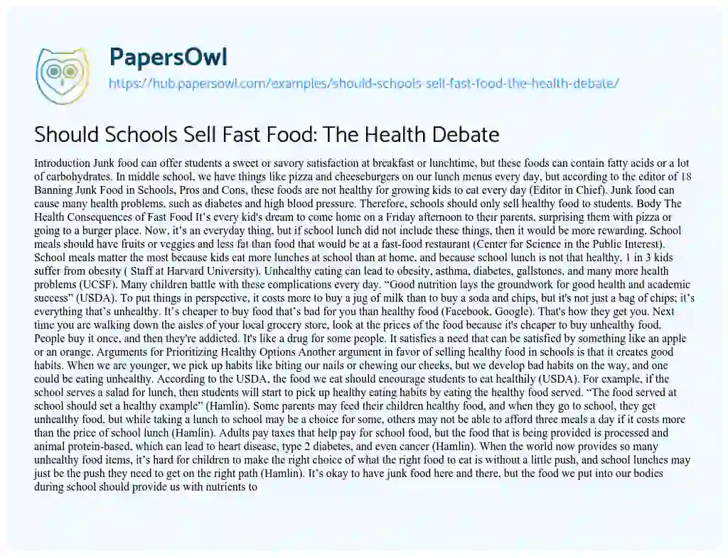 Essay on Should Schools Sell Fast Food: The Health Debate