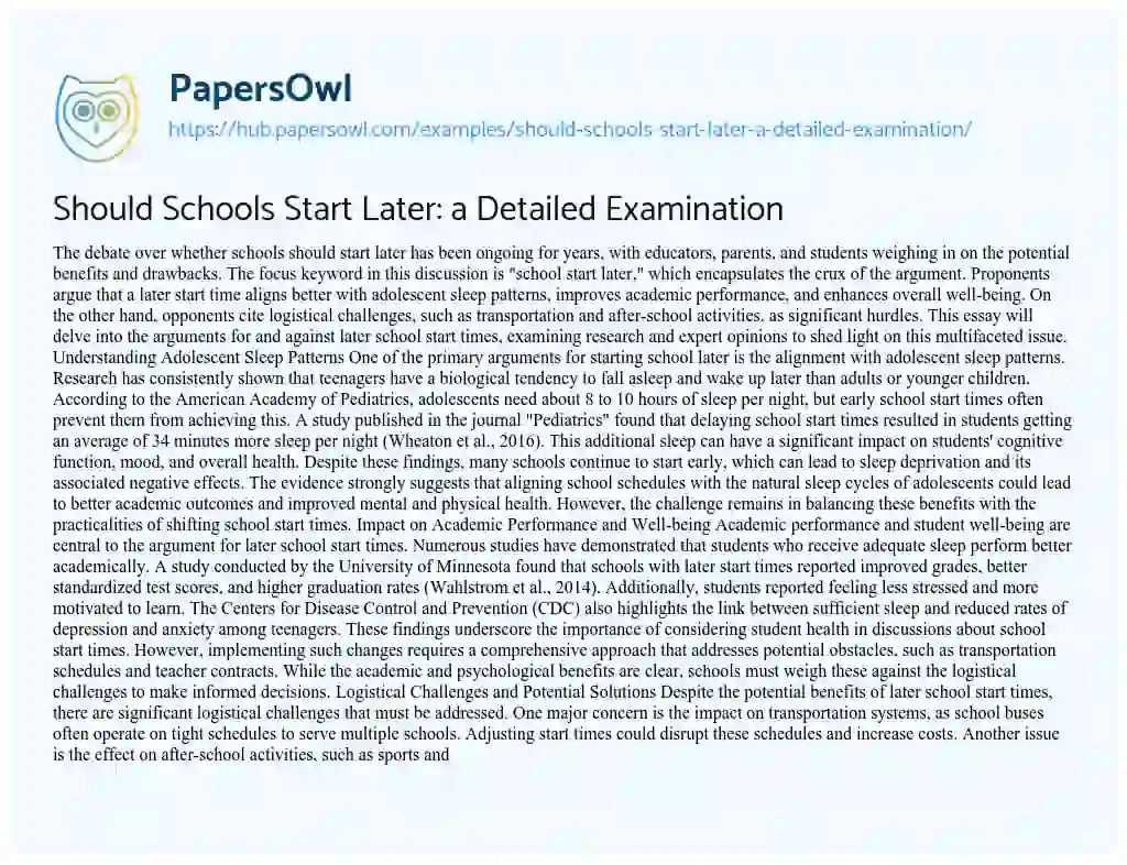 Essay on Should Schools Start Later: a Detailed Examination