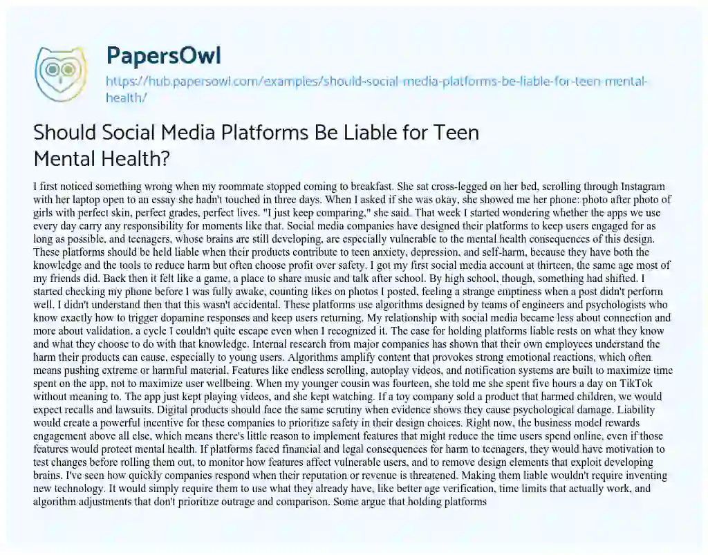 Essay on Should Social Media Platforms Be Liable for Teen Mental Health?