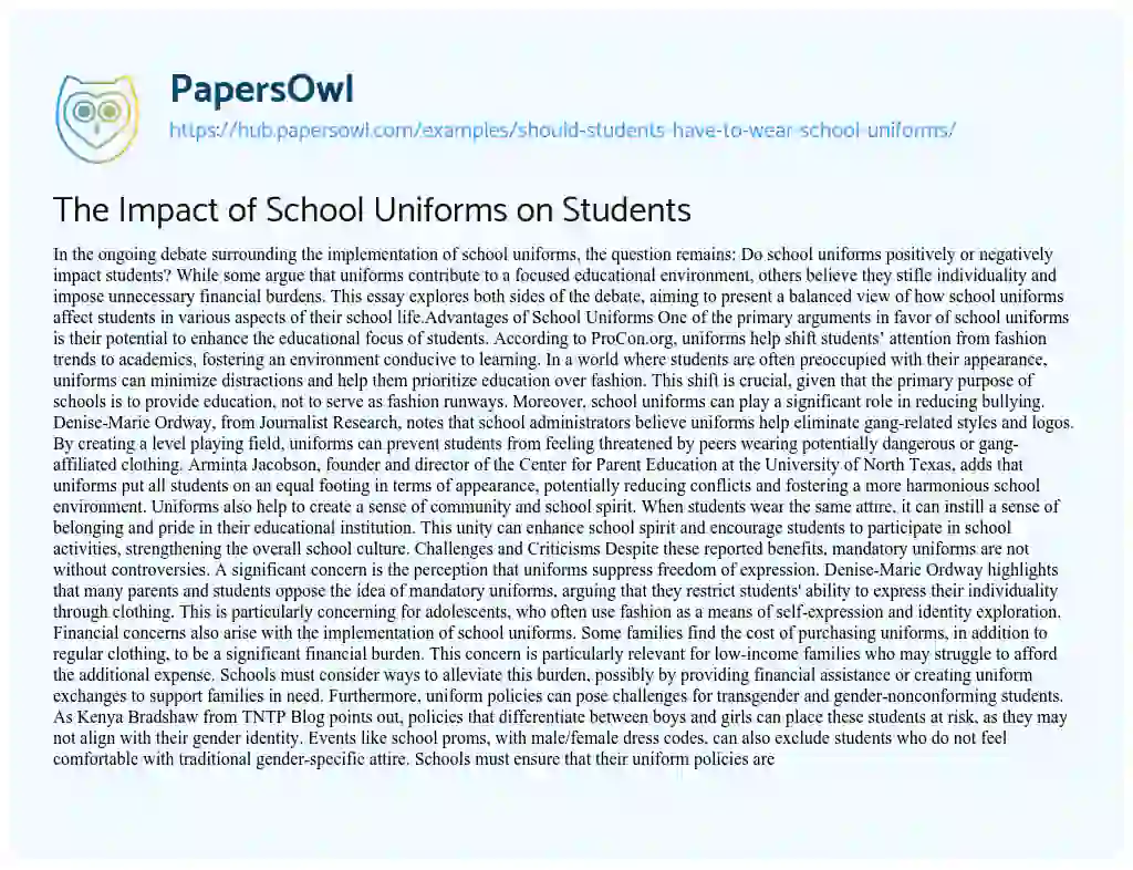 Essay on The Impact of School Uniforms on Students