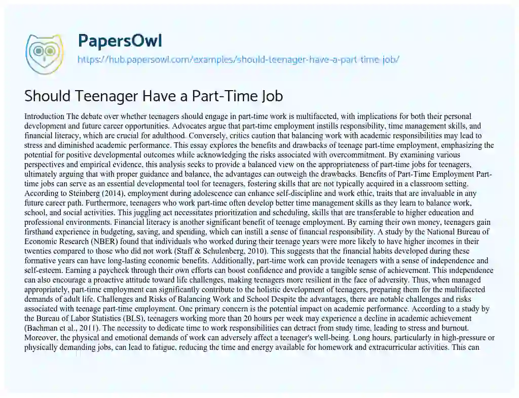 Essay on Should Teenager Have a Part-Time Job