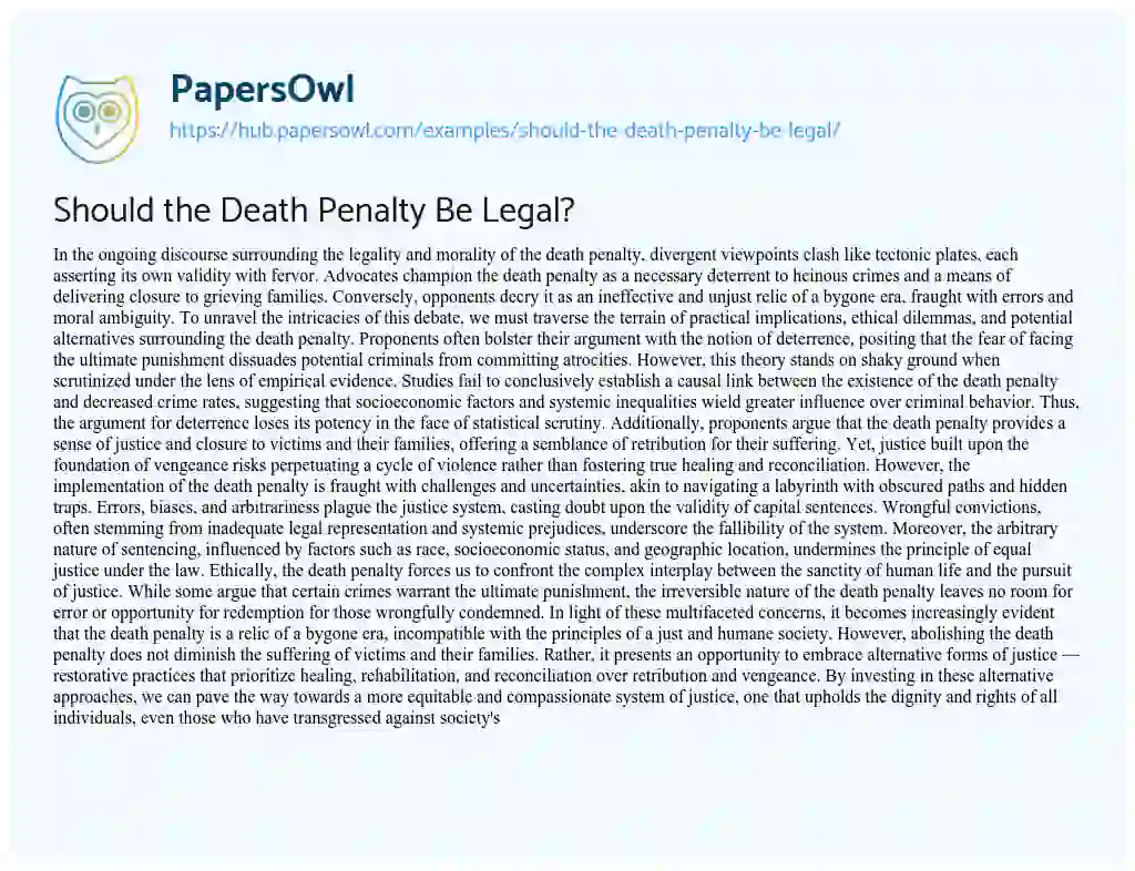 Essay on Should the Death Penalty Be Legal?