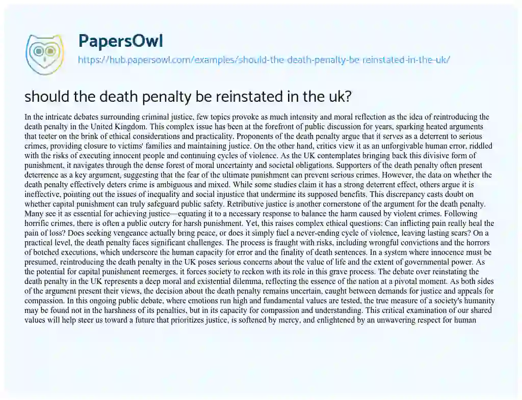 Essay on should the death penalty be reinstated in the uk?