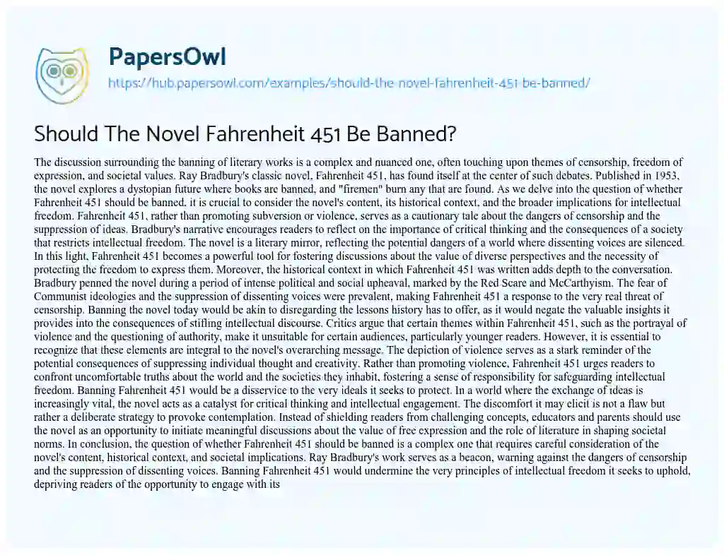 Essay on Should The Novel Fahrenheit 451 Be Banned?