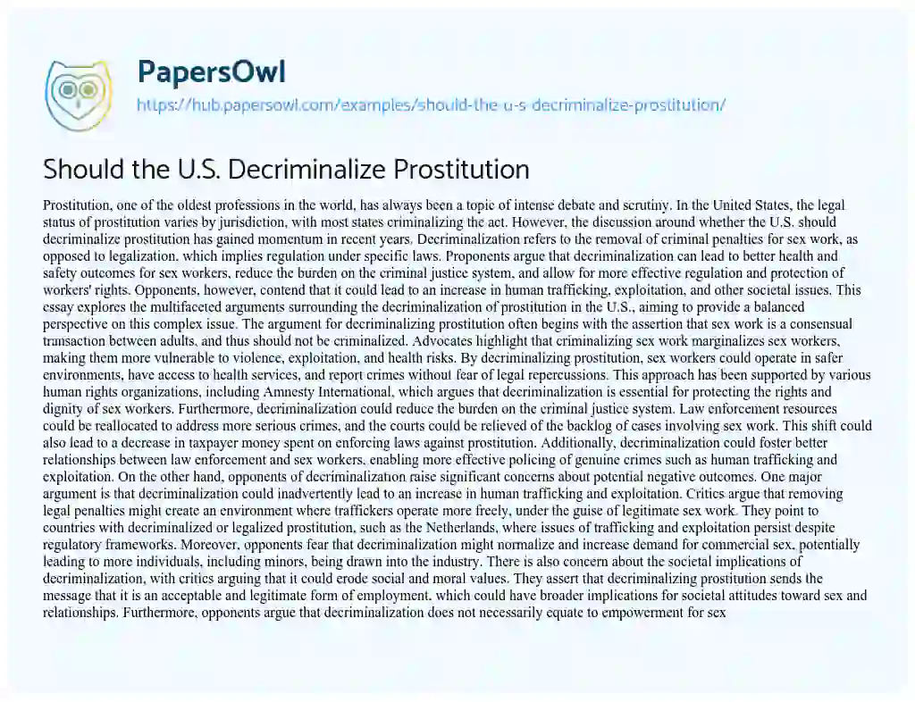 Essay on Should the U.S. Decriminalize Prostitution