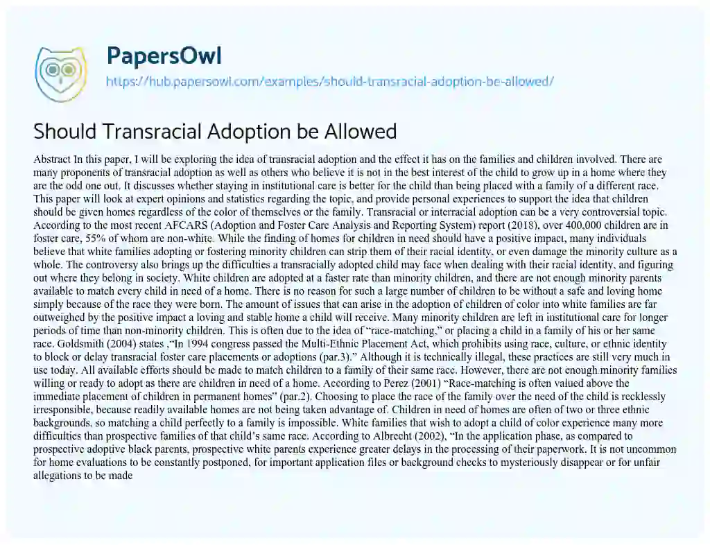 Essay on Should Transracial Adoption be Allowed