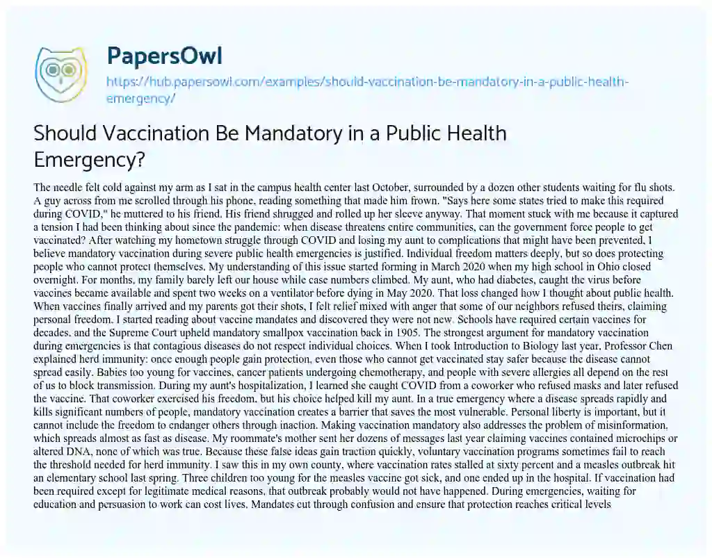 Essay on Should Vaccination Be Mandatory in a Public Health Emergency?