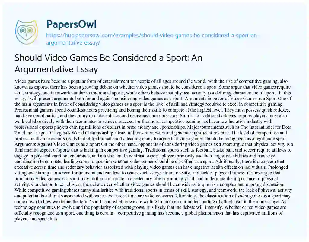 Essay on Should Video Games Be Considered a Sport: An Argumentative Essay