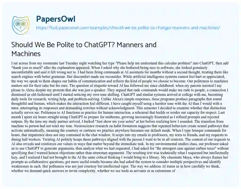 Essay on Should We Be Polite to ChatGPT? Manners and Machines