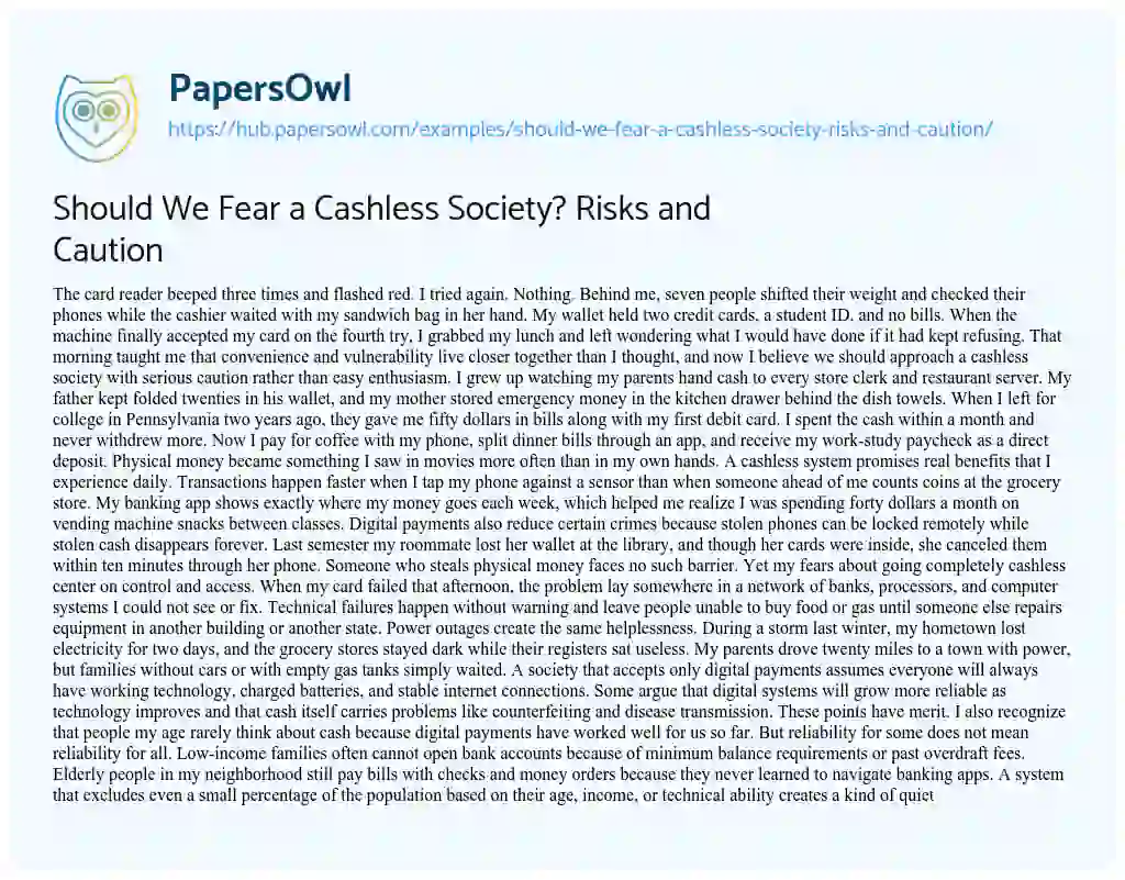 Essay on Should We Fear a Cashless Society? Risks and Caution