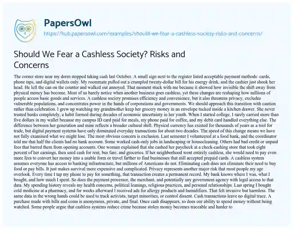Essay on Should We Fear a Cashless Society? Risks and Concerns