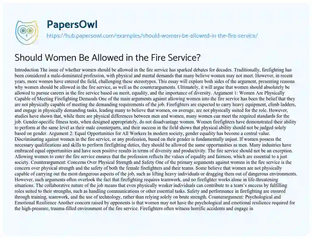 Essay on Should Women Be Allowed in the Fire Service?