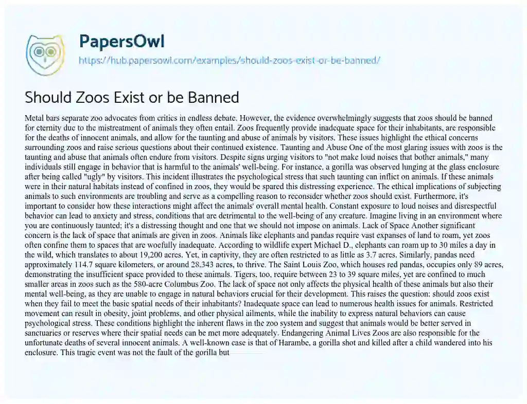 Essay on Should Zoos Exist or be Banned