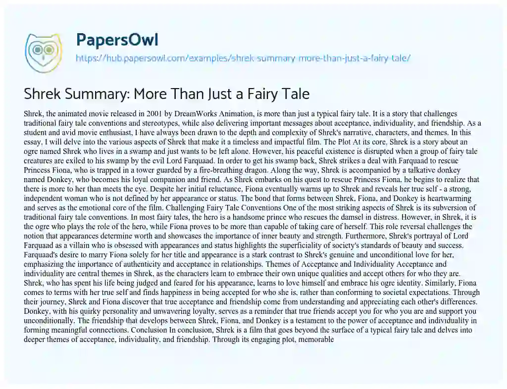 Essay on Shrek Summary: More Than Just a Fairy Tale