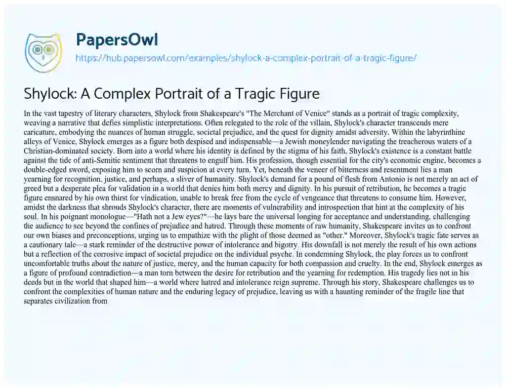 Essay on Shylock: A Complex Portrait of a Tragic Figure