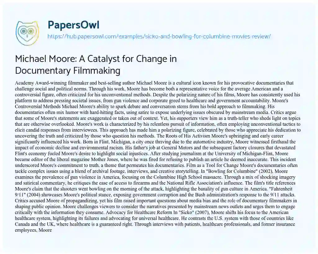 Essay on Michael Moore: A Catalyst for Change in Documentary Filmmaking