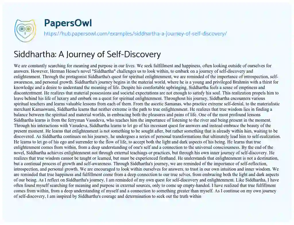 Essay on Siddhartha: A Journey of Self-Discovery