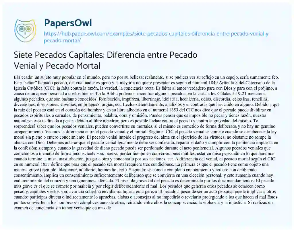 Essay on Siete Pecados Capitales: Diferencia entre Pecado Venial y Pecado Mortal