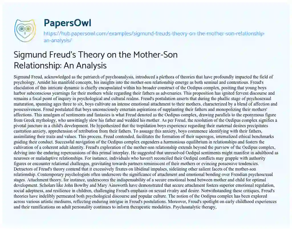 Essay on Sigmund Freud’s Theory on the Mother-Son Relationship: An Analysis