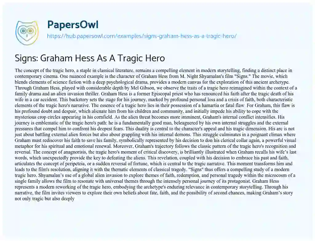 Essay on Signs: Graham Hess As A Tragic Hero