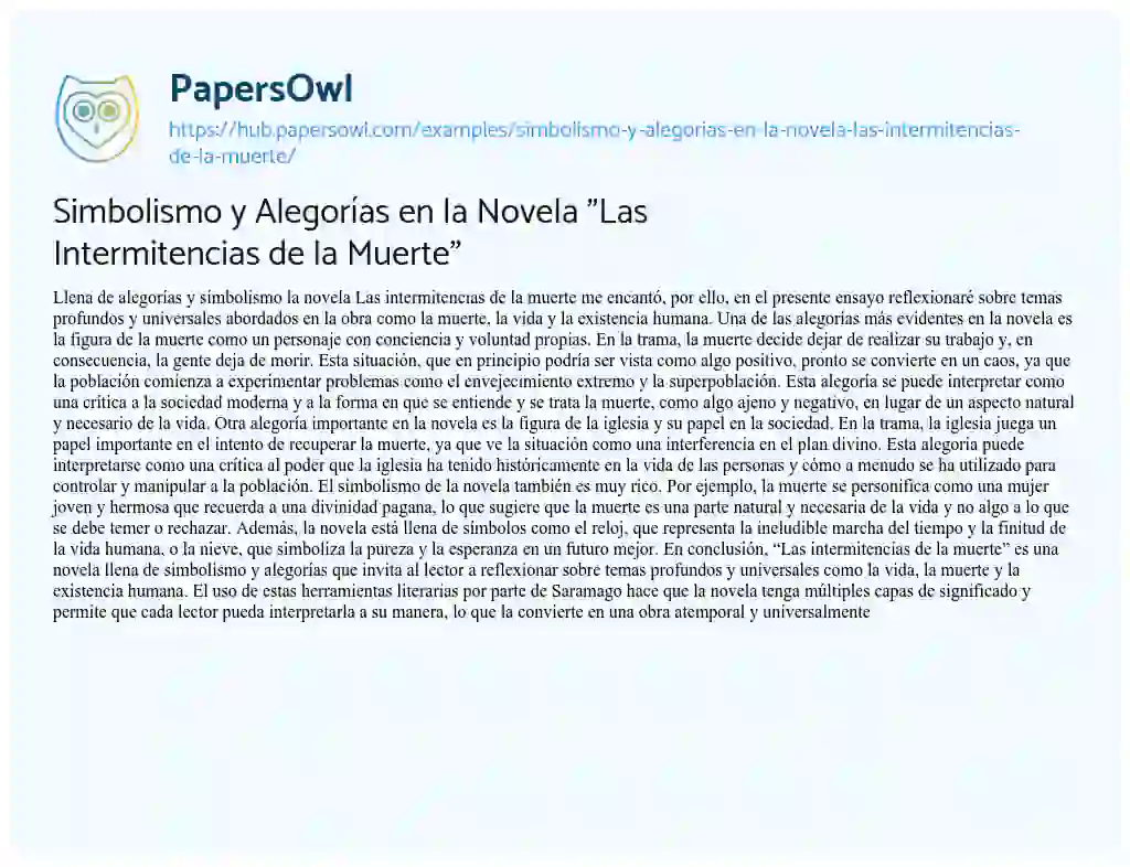 Essay on Simbolismo y Alegorías en la Novela ”Las Intermitencias de la Muerte”