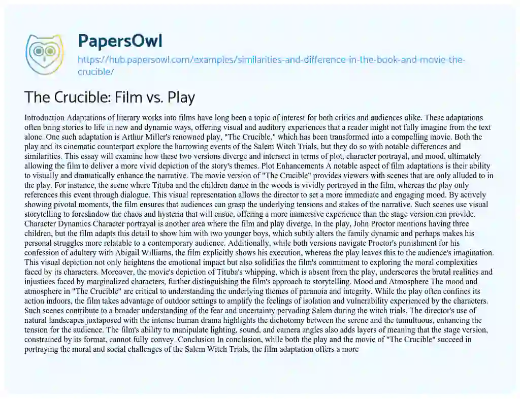 Essay on The Crucible: Film vs. Play
