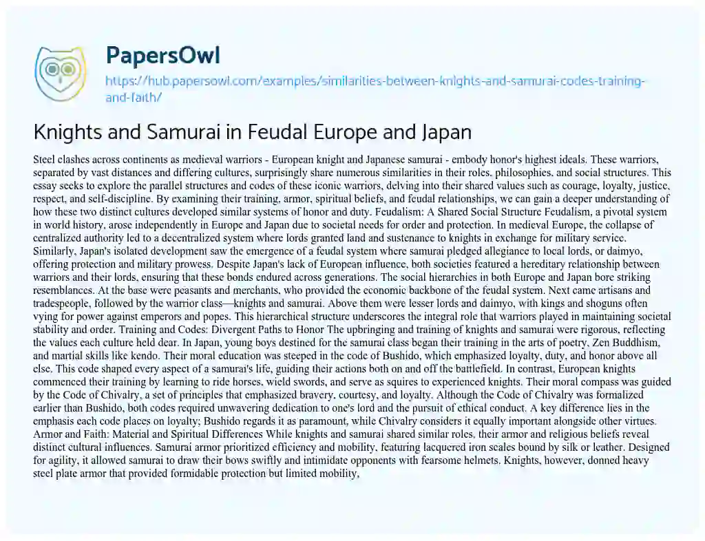 Essay on Knights and Samurai in Feudal Europe and Japan