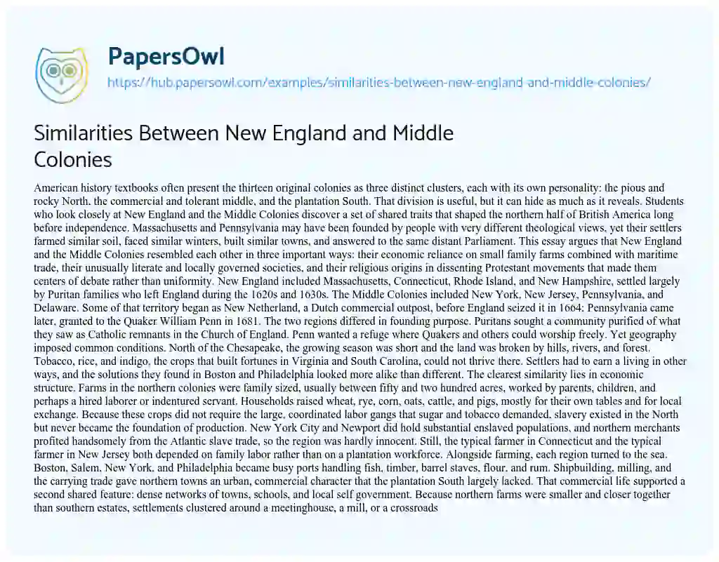 Essay on Similarities Between New England and Middle Colonies