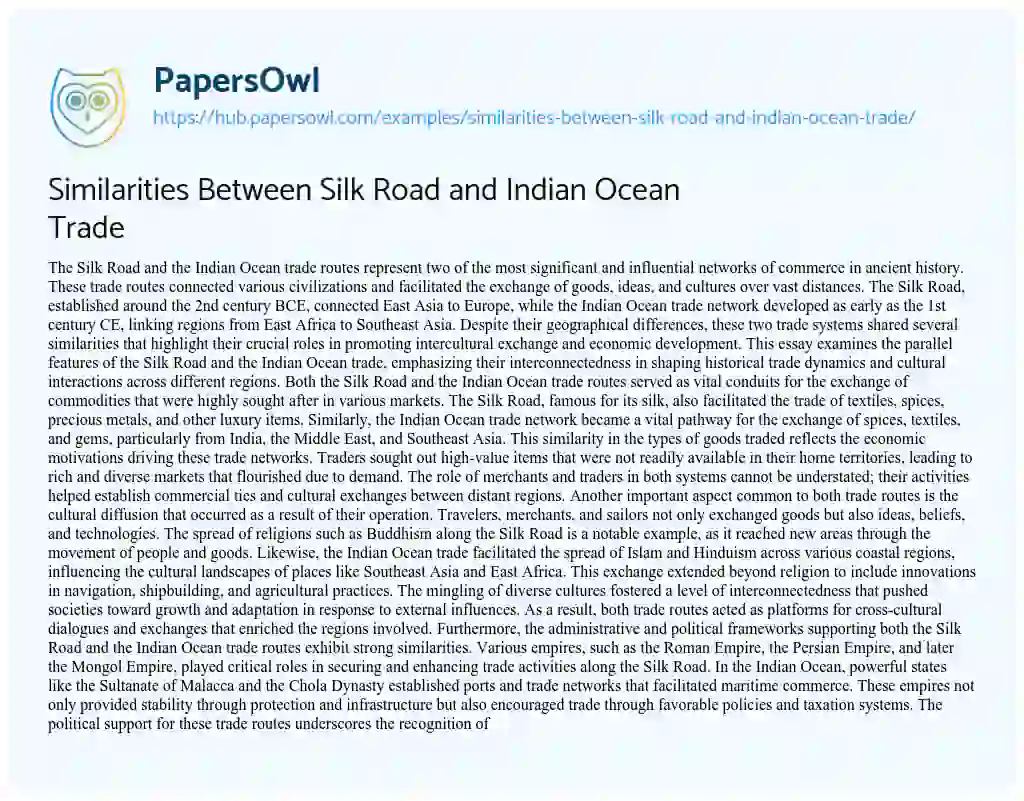 Essay on Similarities Between Silk Road and Indian Ocean Trade