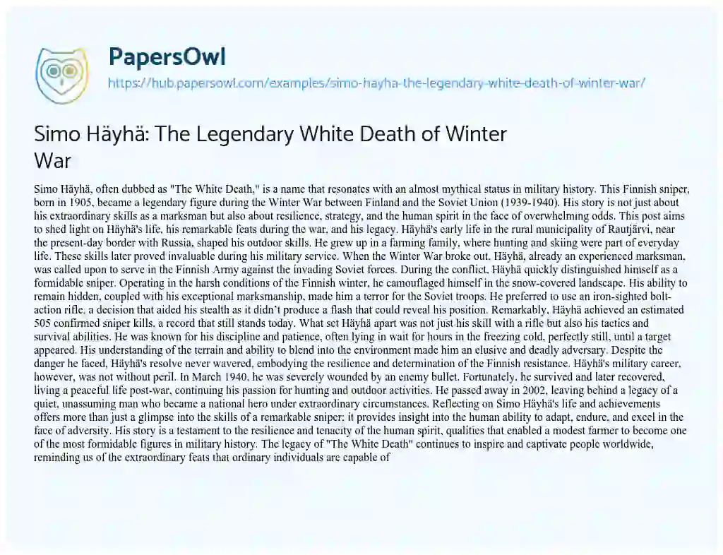 Essay on Simo Häyhä: The Legendary White Death of Winter War