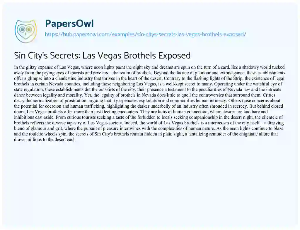 Essay on Sin City’s Secrets: Las Vegas Brothels Exposed