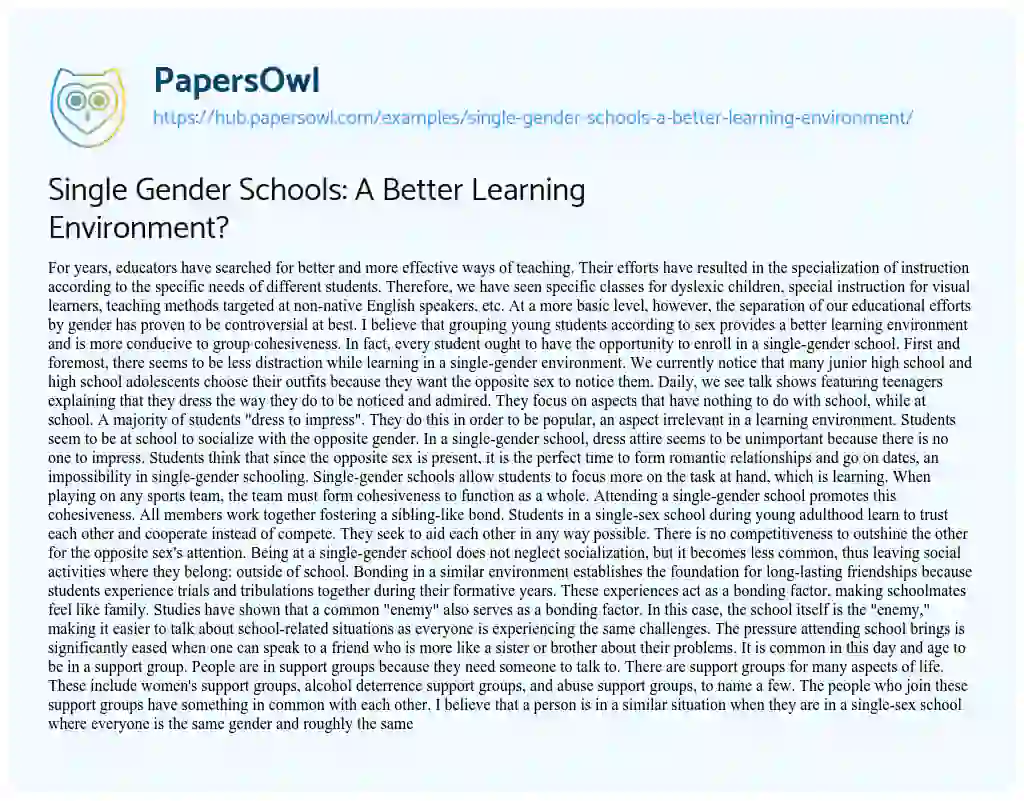 Essay on Single Gender Schools: A Better Learning Environment?