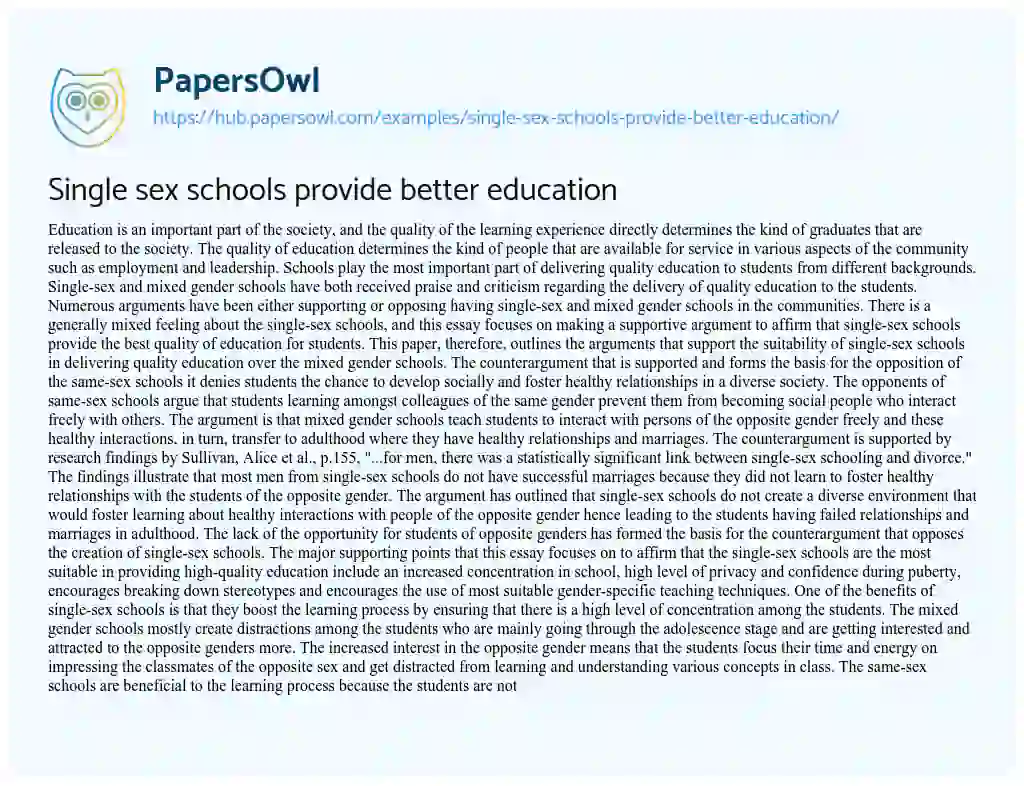 Essay on Single sex schools provide better education