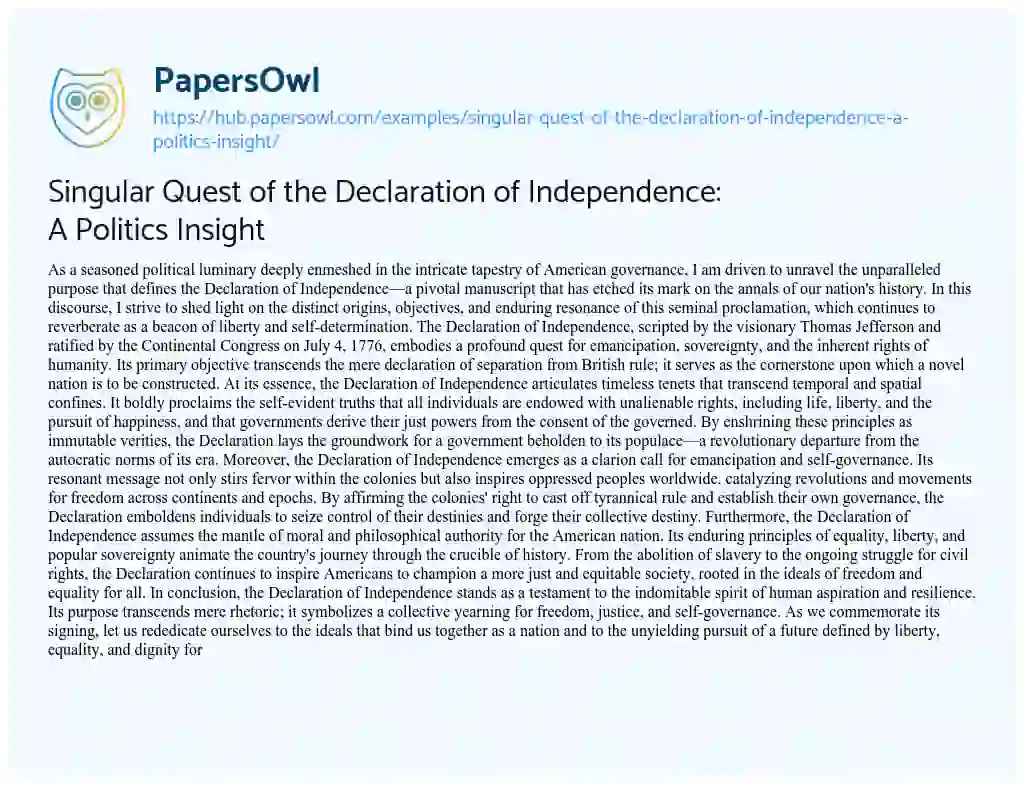 Essay on Singular Quest of the Declaration of Independence: A Politics Insight