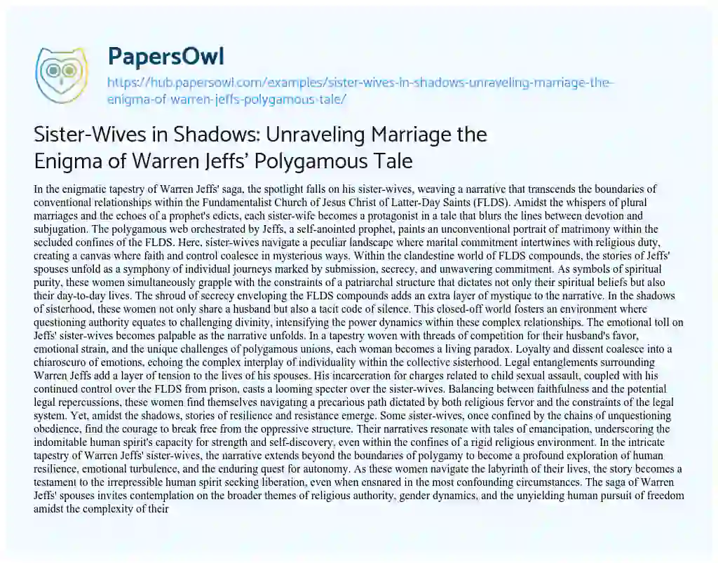 Essay on Sister-Wives in Shadows: Unraveling Marriage the Enigma of Warren Jeffs’ Polygamous Tale