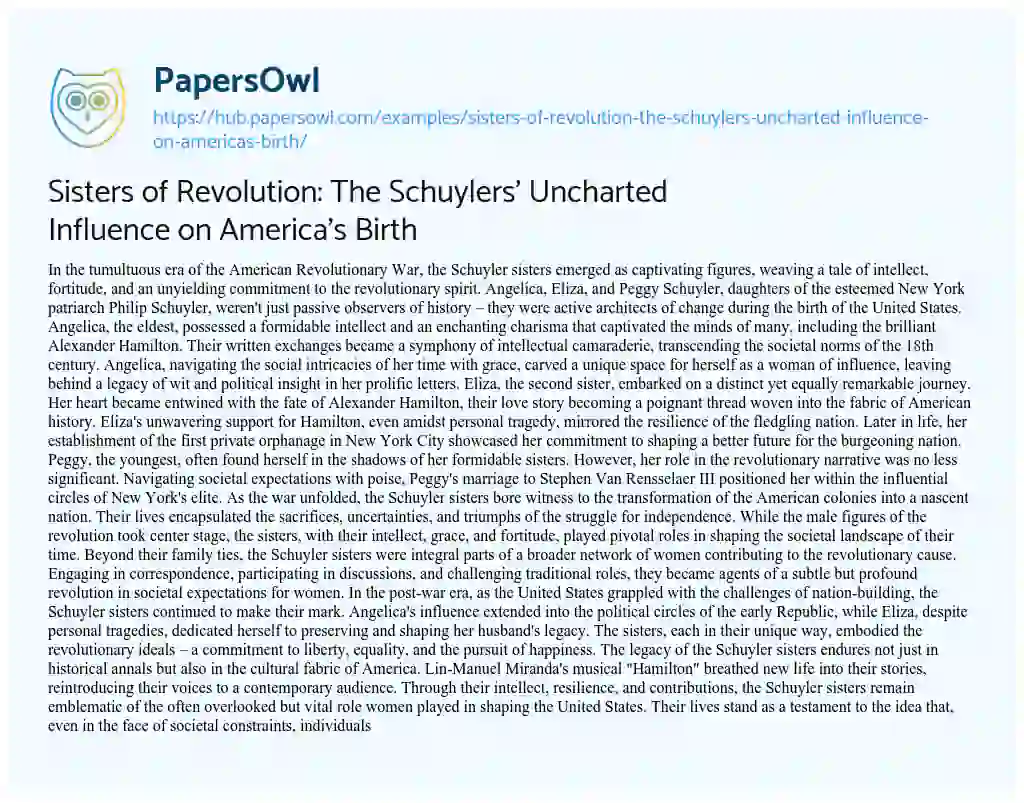 Essay on Sisters of Revolution: The Schuylers’ Uncharted Influence on America’s Birth