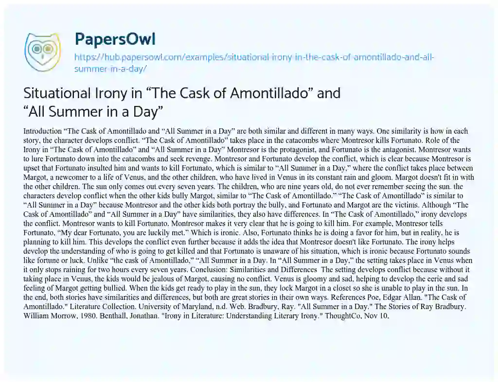 Essay on Situational Irony in “The Cask of Amontillado” and “All Summer in a Day”