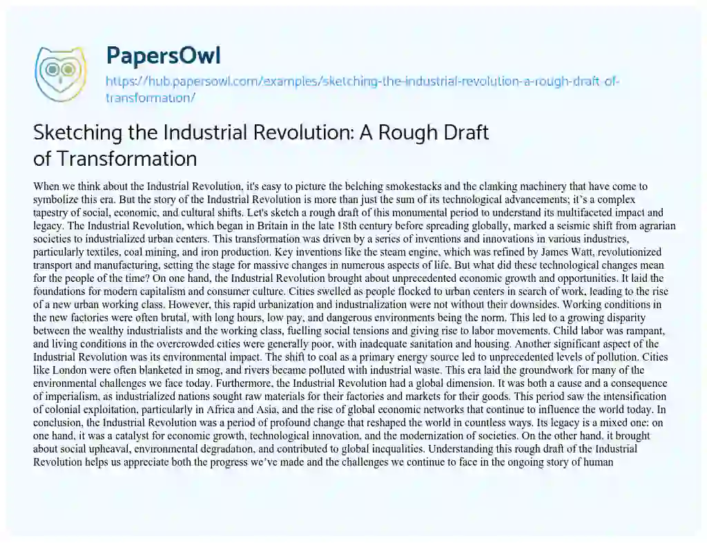 Essay on Sketching the Industrial Revolution: A Rough Draft of Transformation